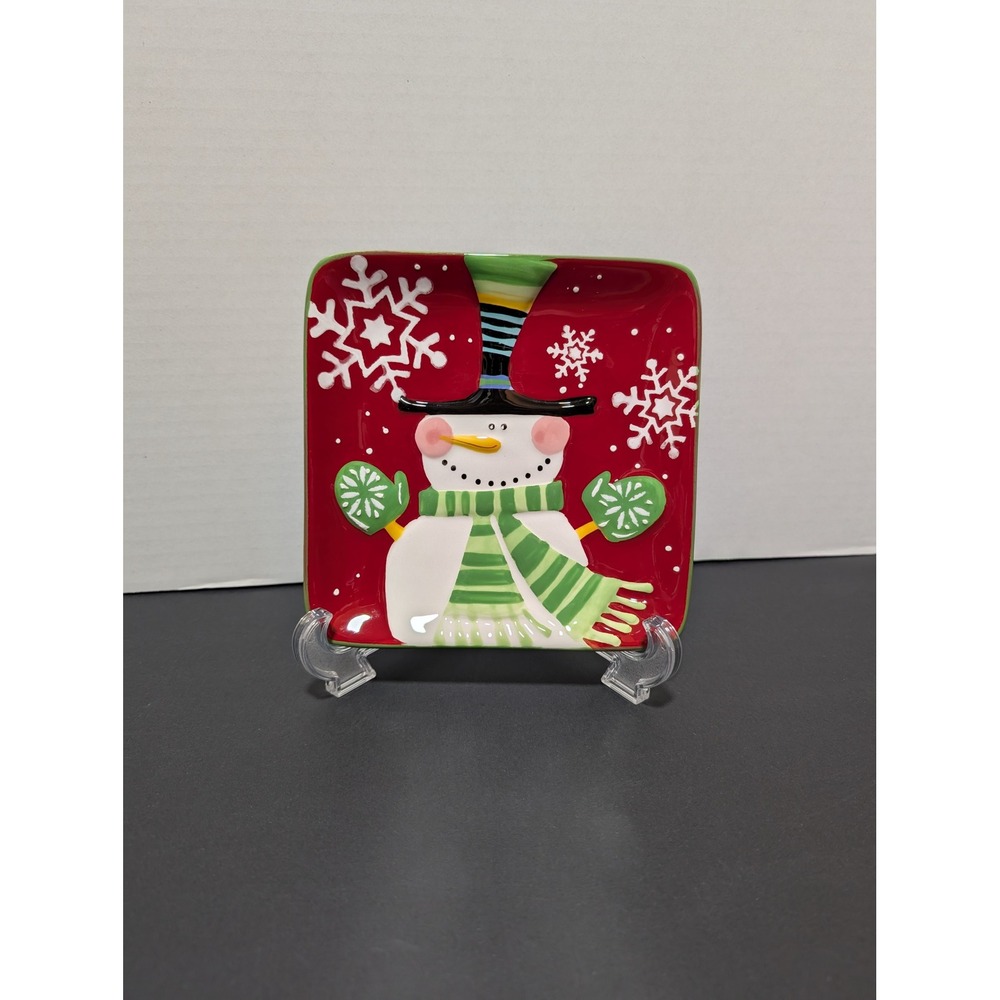 Pier 1 Imports Snowman Hand Painted Dolomite Holiday Winter Snow Square Plate